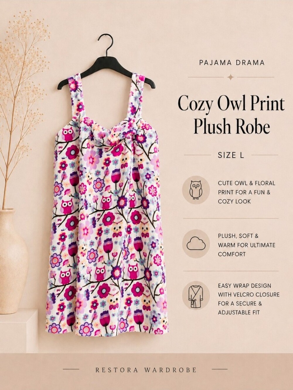 Pajama Drama Pink Owl Plush Shower Bath Wrap Robe Size L Velcro